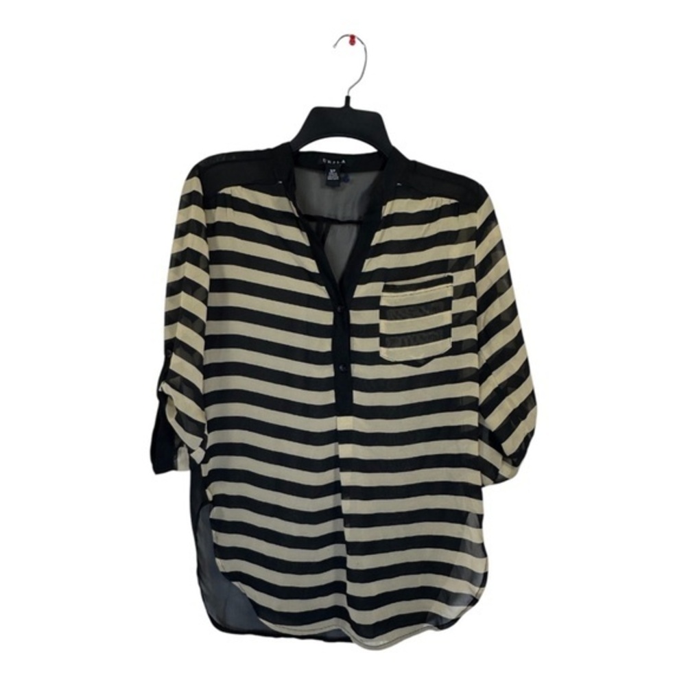 UK2LA Sheer Blouse Womens Size Small Beige Black Colorblock 3/4 Sleeve V-Neck